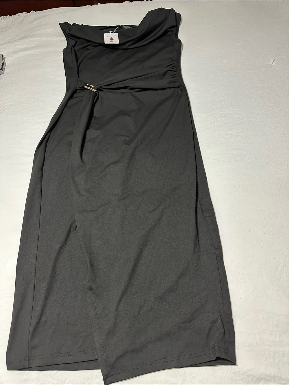 Women’s Black Maxi Dress with Side Drape and Ring Detail